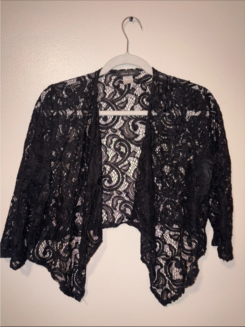 Michelle Lynn Black Lace Open-Front Shrug Cover-up Kimono - Size 1X - 92% Nylon